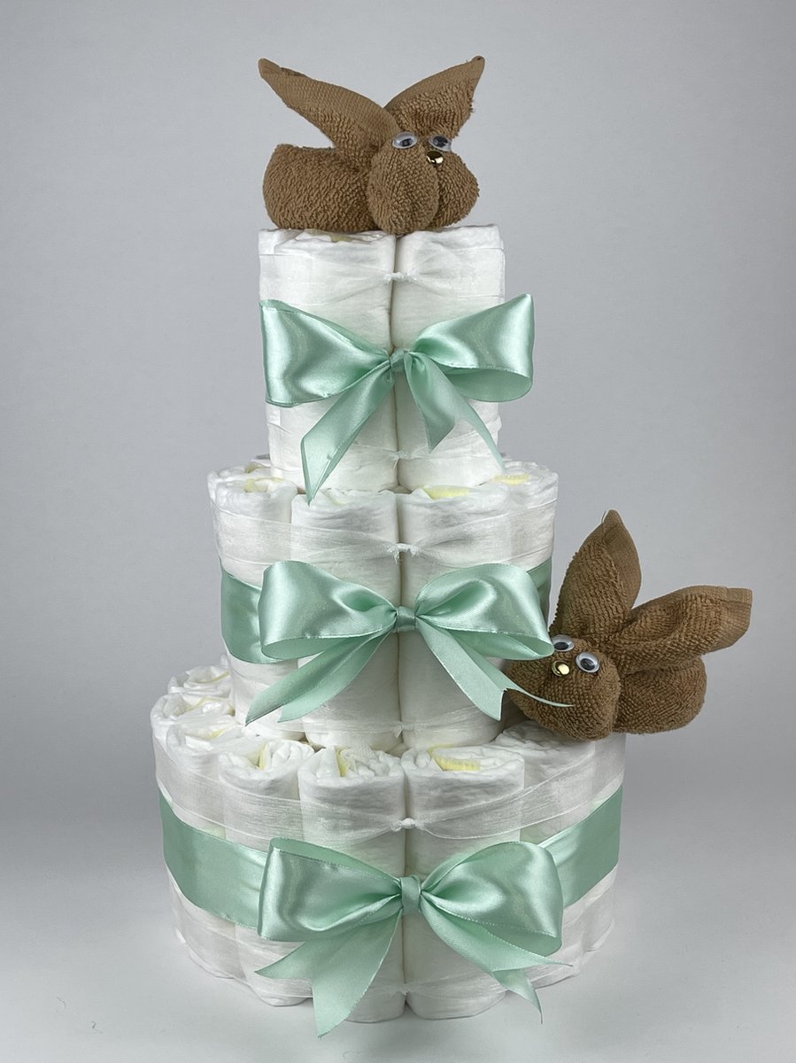 Goedkoopste Chouette-Chouette | Luiertaart Neutraal | Kraamcadeau | Geboorte Jongen Meisje | Babyshower | Konijnen Sand - Groen