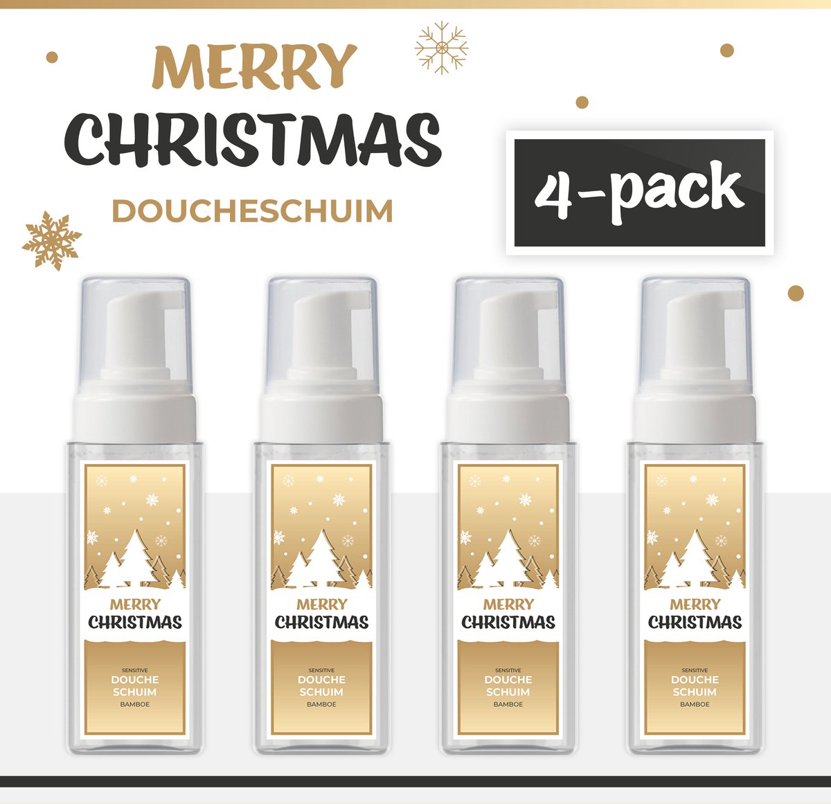 Goedkoopste Doucheschuim Merry Christmas - 4-Pack - 180 ml - 720 gram | Bamboe - Cadeau - Kerst - Kerstpakket - Kerstgeschenk - Klein Kerstcadeautje - Kerstpakketten - Christmas Gift - Fijne Kerstdagen - Cadeautje - Feestdagen - Goud