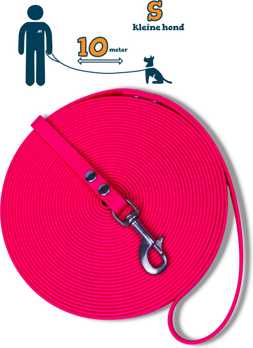 Miqdi lange lijn - BioThane – neon roze - 10 meter lang – 9mm breed – XS/S – kleine hond – lange hondenriem
