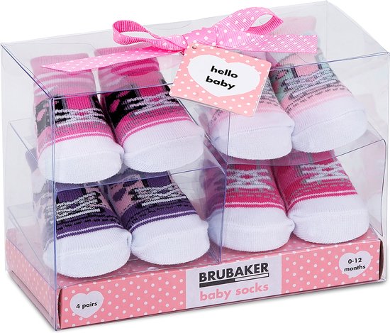 BRUBAKER 4 Paar Babysokken voor Meisjes 0-12 Maanden - Babyshower - Cadeau - Baby Geschenkset voor Pasgeborenen in Geschenkverpakking met Strik - Leuke Sneaker Roze — afbeelding 5