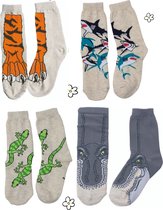 Nature Planet -kindersokken - set van 4 paar sokken - t-rex - haai - gekko - tijgerpoot (100% Oeko-tex gecertificeerd) maat 29-34