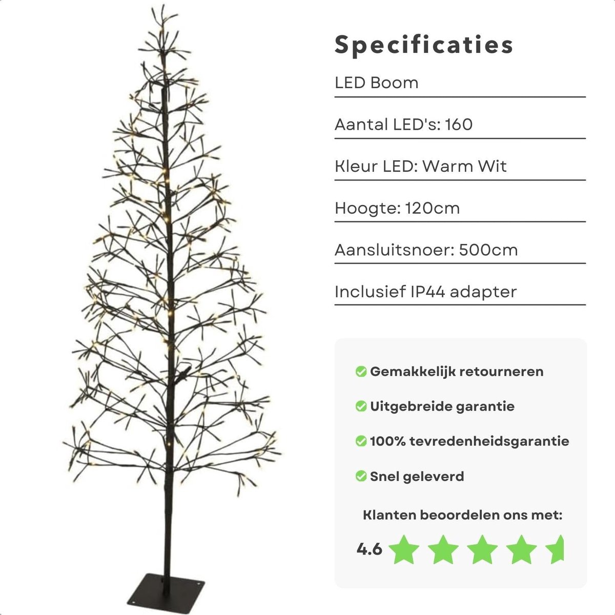 Sfeervolle Lichtboom - Kerstboom - 120 Cm - 160 Warm Witte LED's - Sfeerverlichting - Kerstverlichting - Kerstlampjes - Takken met Verlichting - Voor Binnen en Buiten - Met Metalen Standaard - 500 cm Aansluitsnoer - Kerstversiering – foto 4