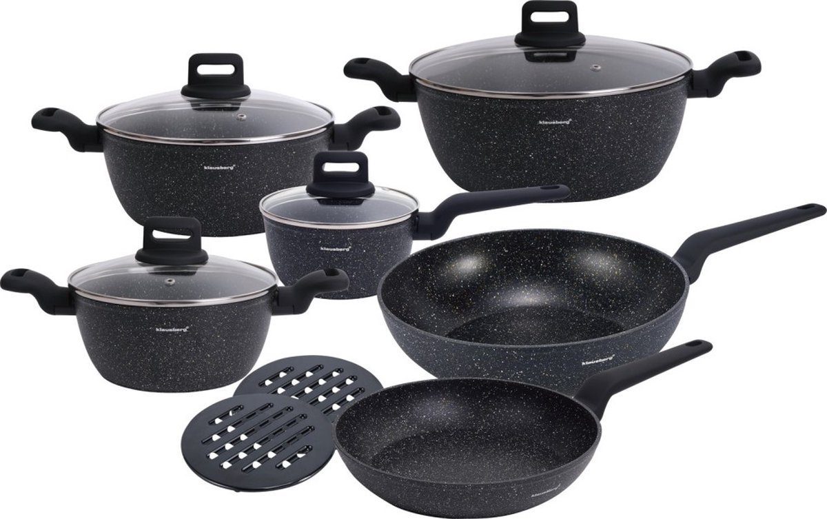 Klausberg 7675 - 12 delige pannenset - Kookpannen - 16-20-24-24-28-28 cm - zwart - met deksel