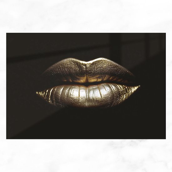 De Muurdecoratie - Glasschilderij - Gouden Lippen Schilderij - Gold Lips - Plexiglas Schilderijen Zwart Goud - Woonkamer Decoratie - 90x60 cm