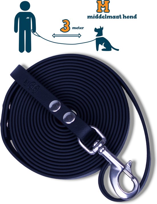 Miqdi hondenriem - BioThane® – zwart – 3 meter lang – 13mm breed – M – middelmaat hond