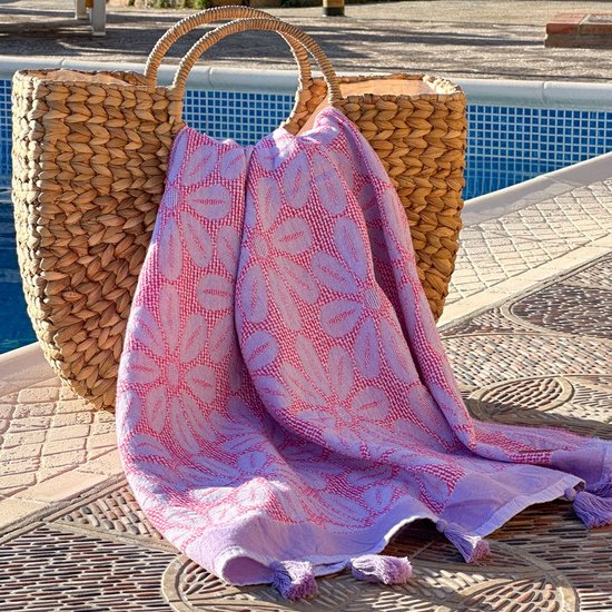 Fashion4wellness HAMAMDOEK DAISY Lilac fuchsia - Pestemal - saunadoek - dun strandlaken - hammamtowel