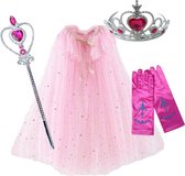 Prinsessenjurk meisje Roze Glitter - Roze Jurk + Kroon + Toverstaf + Handschoenen - Prinses