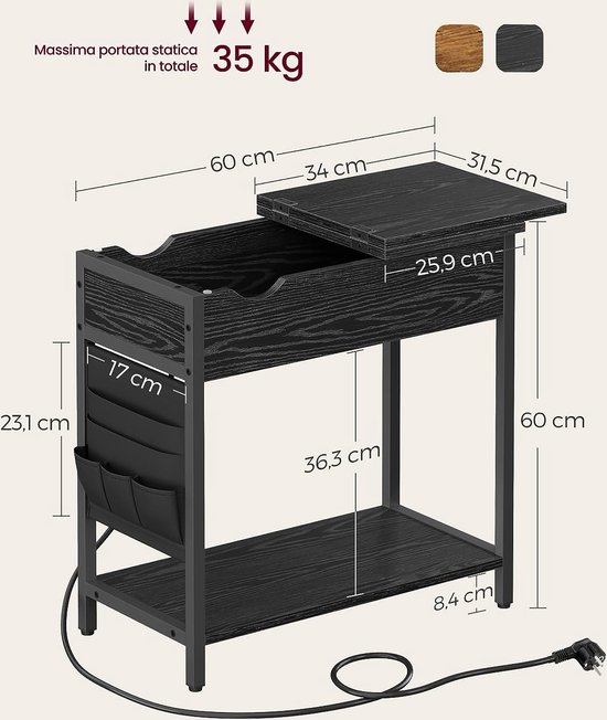 Table d'appoint Relaxdays avec prise électrique et ports USB, 2 plateaux, range-revues, HxLxP