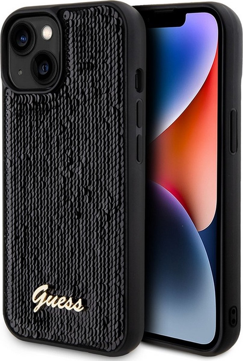 Guess Sequins Script Logo Back Case - Geschikt voor Apple iPhone 15 Plus (6.7") - Zwart