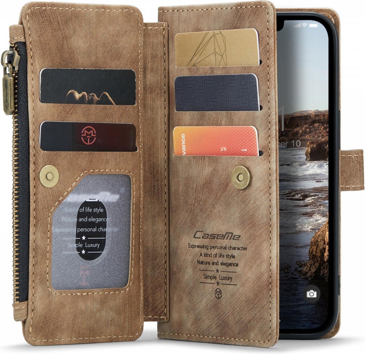 CaseMe C30 Hoesje Geschikt voor Apple iPhone 14 Plus | Wallet Zipper Book Case met Pasjeshouder | Beschermhoes met Portemonnee | Bruin