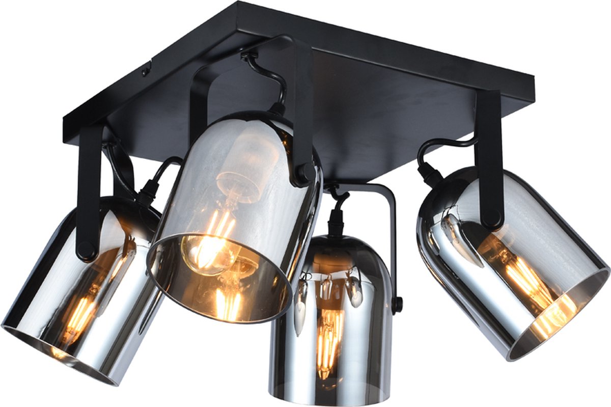 Olucia - CLYDE - Plafondlamp - Grijs / Zwart - 4L - Vorm: Vierkant