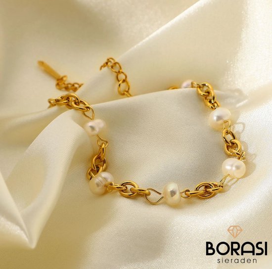 Borasi Chain Pearl Bracelet | Chain Parel Armband | 18K Goldplated | 16 cm tot 21 cm | Vrouwen Armband | Cadeau Voor Haar | Elegante Armband | Best Verkochte Sieraden - Borasi