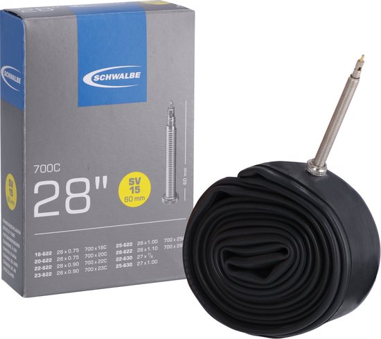 Schwalbe 28" 700C fietsband met Frans ventiel naast de verpakking.