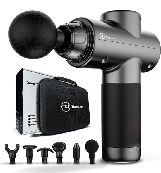 TheBestU - Massage Gun - Sport - Relax - Massage Apparaat - Spierherstel & Blessures - Professioneel - Massage Pistool - 6 Opzetstukken - Luxe Koffer - 12 Snelheden - Draadloos - Jong en Oud - Zwart en Grijs - Kado - Cadeau - Zomer - Winter
