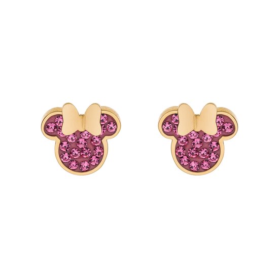 Disney 4-DIS033 Boucles d'oreilles Minnie Mouse - Clips d'oreilles - Bijoux Disney - 8x9 mm - Acier - Hypoallergénique - Cristal - Rose - Couleur or