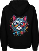 Hoodie met vrolijke print-Zwart-Trui met capuchon cool cat met zonnebril-Maat 110/116