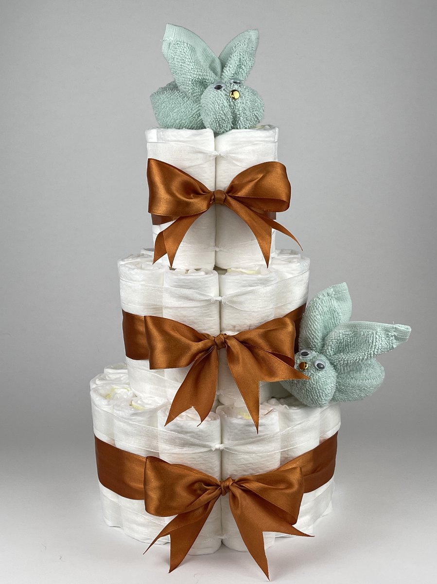 Goedkoopste Chouette-Chouette | Luiertaart Neutraal | Kraamcadeau | Geboorte Jongen Meisje | Babyshower | Konijnen Mint groen - Koper