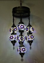 Lampe suspendue turque en mosaïque de verre violet à 7 globes, lustre oriental