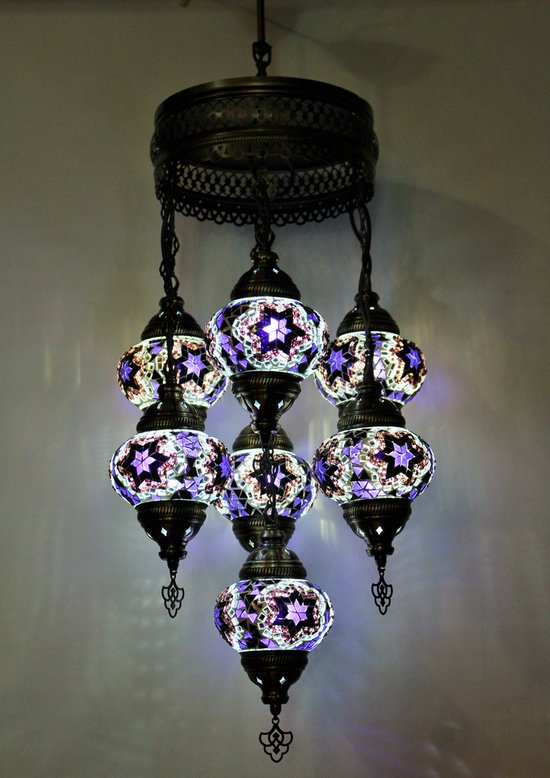7 globe glas paars Mozaïek Turkse hanglamp Oosterse kroonluchter