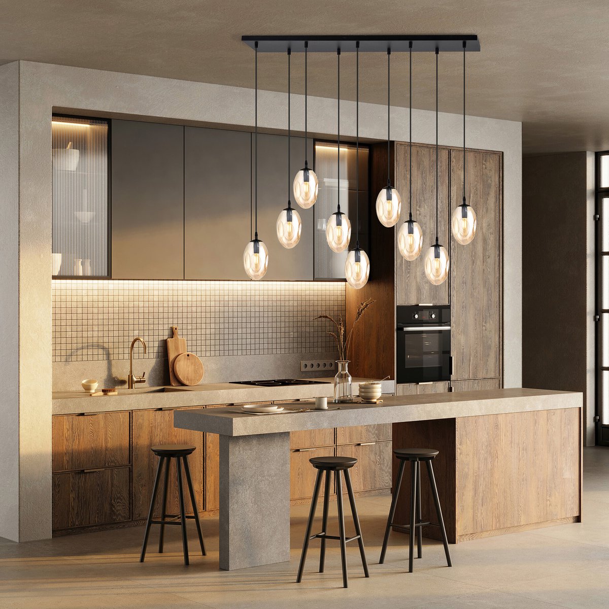 Emibig Eye catcher hanglamp zwart met 9 glazen amber pendels - Unieke verlichting voor elk interieur