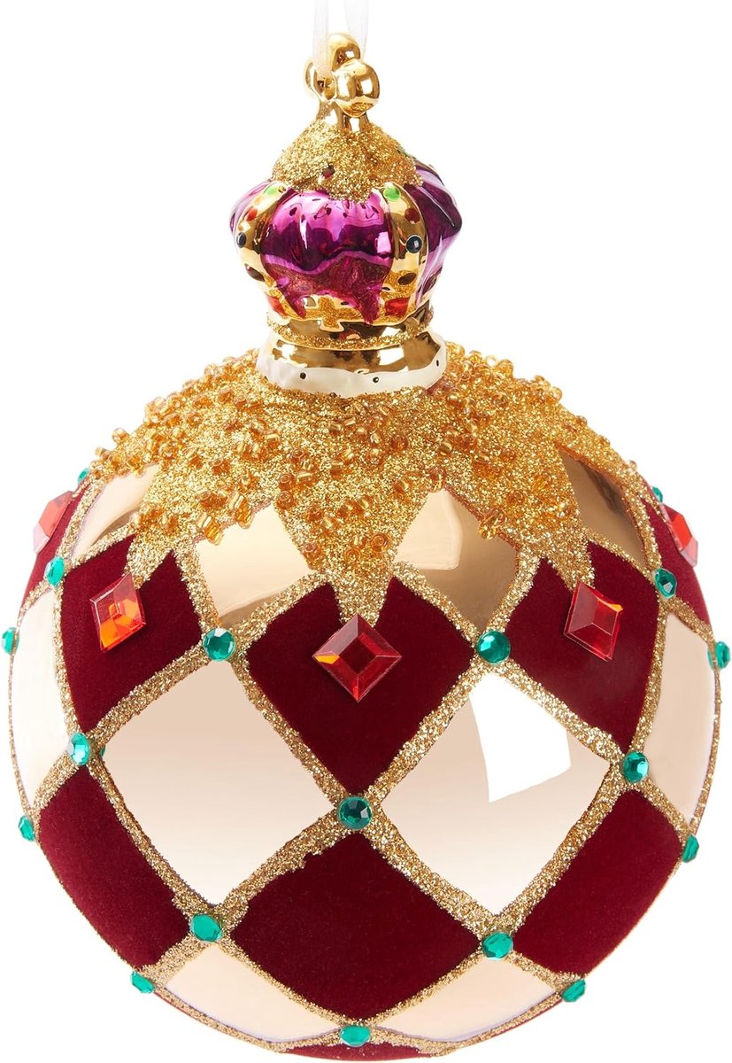 Brubaker Premium Kerstbal Royal King - Koninklijke Kerstbal Goud Rood - Geruit Met Fluweel, Glitter En Kroon - 14 Cm Grote Glazen Kerstbal Met Porselein Figuur Koninklijke Koning - Goud en Rood