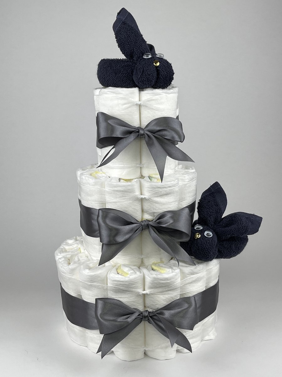 Chouette-Chouette | Luiertaart Jongen | Kraamcadeau | Geboorte Jongen | Babyshower | Konijnen Navy donker blauw - donker Grijs