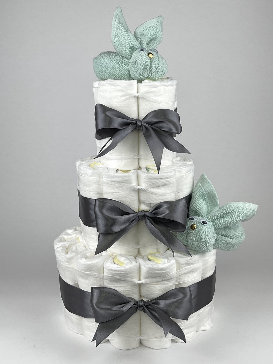 Goedkoopste Chouette-Chouette | Luiertaart Neutraal | Kraamcadeau | Geboorte Jongen Meisje | Babyshower | Konijnen Mint groen - donker Grijs