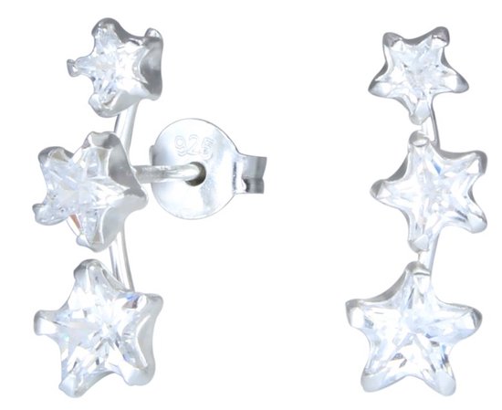 Joy|S - Zilveren ster oorbellen - 3 sterren zirkonia - 7 x 17 mm