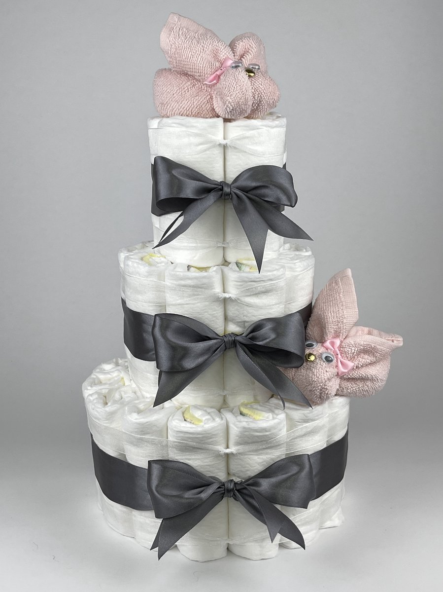 Goedkoopste Chouette-Chouette | Luiertaart Meisje | Kraamcadeau | Geboorte Meisje | Babyshower | Konijnen Blush roze - donker Grijs