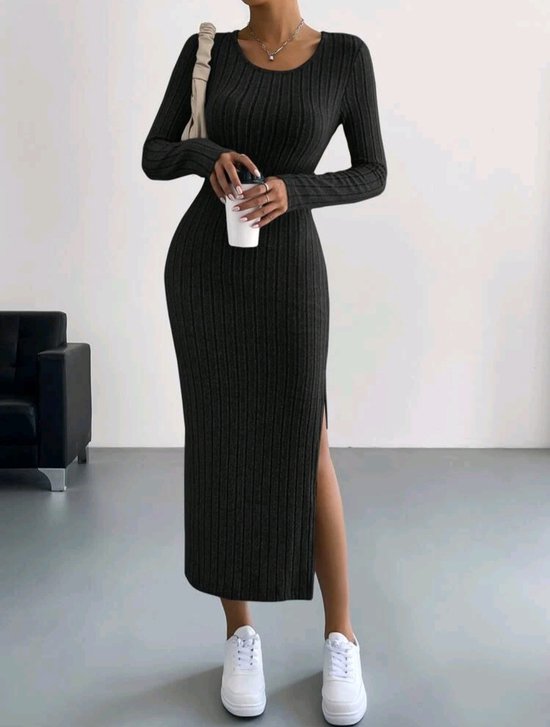 Sexy corrigerende warme geplisseerde stretch trui jurk zwart met split maat M model 01