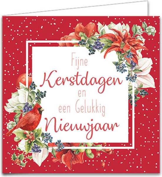 Kerstkaart met rode achtergrond met witte stippen, winterboeket en rode kardinaal. 'Fijne Kerstdagen en een Gelukkig Nieuwjaar'.
