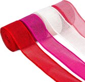 Valentijnsdag jute lint set - rood/roze/fuschia/wit jutelint, 38 mm breed x 4 kleuren totaal 20 yards stoffen lint voor feestdecoratie, doe-het-zelf handwerk