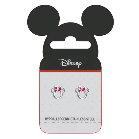 Disney 4-DIS047 Boucles d'oreilles Minnie Mouse - Clips d'oreilles - Bijoux Disney - 7,2x7,7 mm - Noeud en émail rouge - Acier - Hypoallergénique - Couleur argent