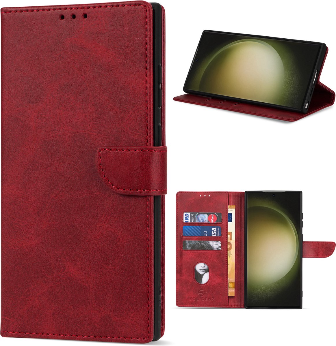 Geschikt voor Samsung Galaxy S24 Ultra Hoesje - Solidenz Bookcase S24 Ultra - Telefoonhoesje S24 Ultra - S24 Ultra Case Met Pasjeshouder - Cover Hoes - Rood