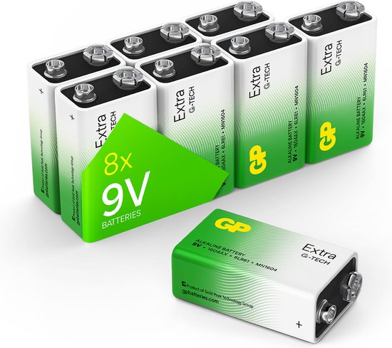 GP Extra Alkaline batterijen 9V - Batterij 9 volt blok - Batterij 6LR61 - 8 stuks - Nieuwe G-TECH Technologie - GP