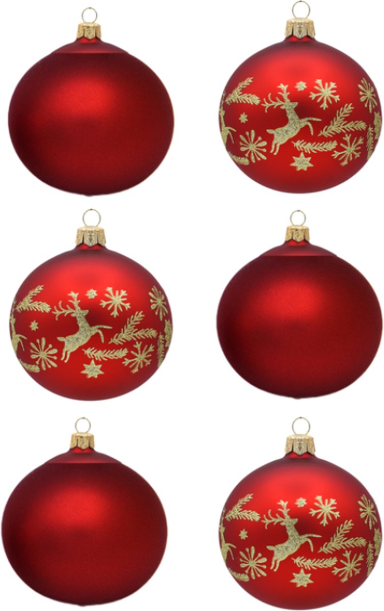 Feestelijke Rode Kerstballen met Kerstpatroon met Hertjes, Sterren en Dennentakken & effen mat rood - Doosje met 6 glazen kerstballen