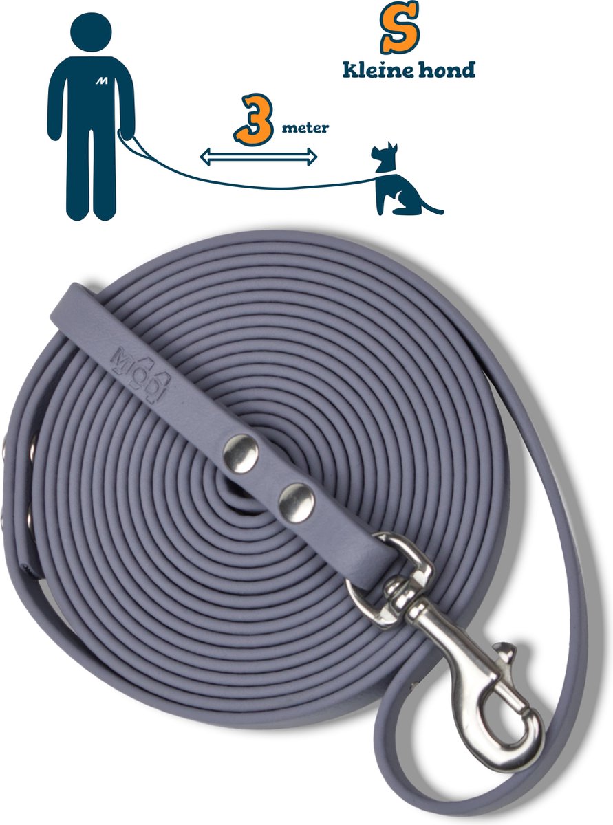 Miqdi hondenriem - BioThane – grijs – 3 meter lang – 9mm breed – XS/S – kleine hond