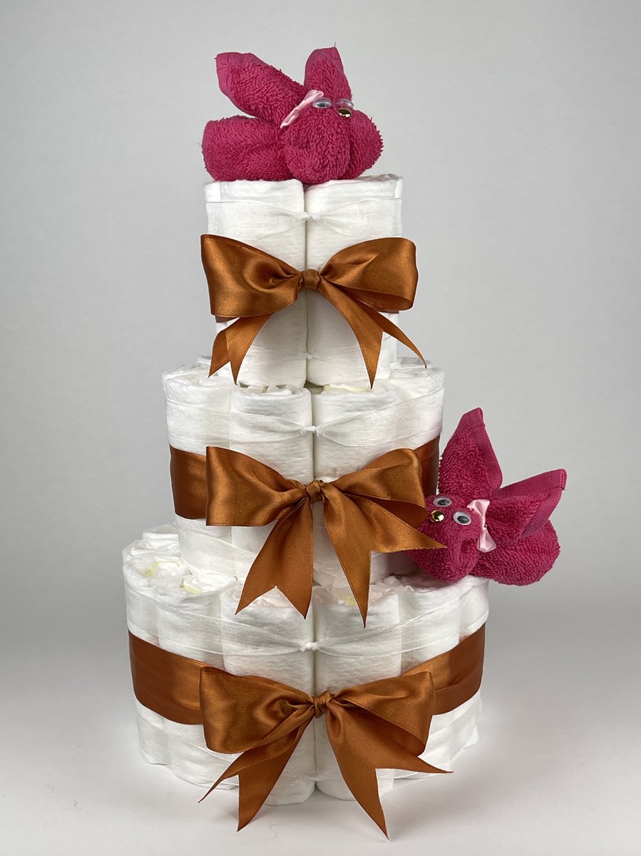 Chouette-Chouette | Luiertaart Meisje | Kraamcadeau | Geboorte Meisje | Babyshower | Konijnen Fuchsia roze - Koper