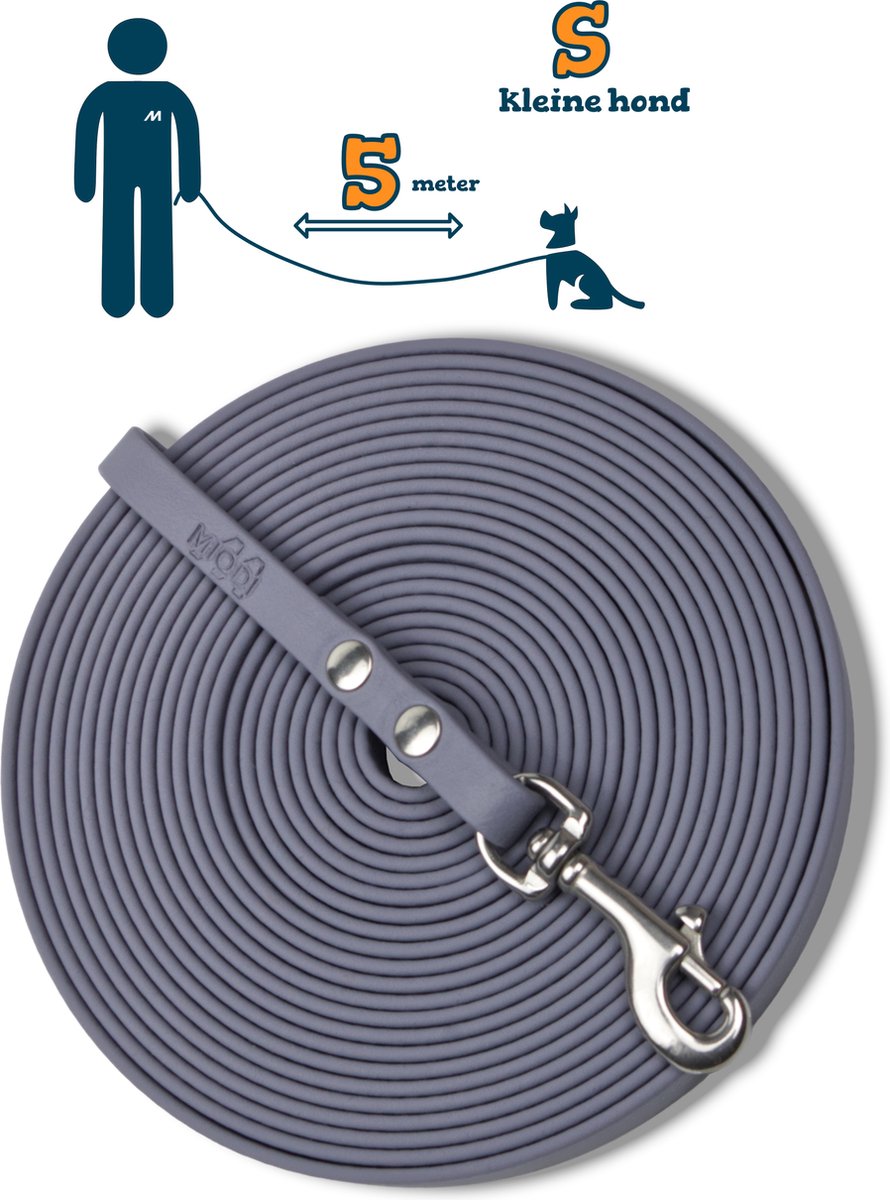 Miqdi BioThane® Sleeplijn 5 meter – zonder handvat – S (9 mm) – grijs – waterdicht & sterk