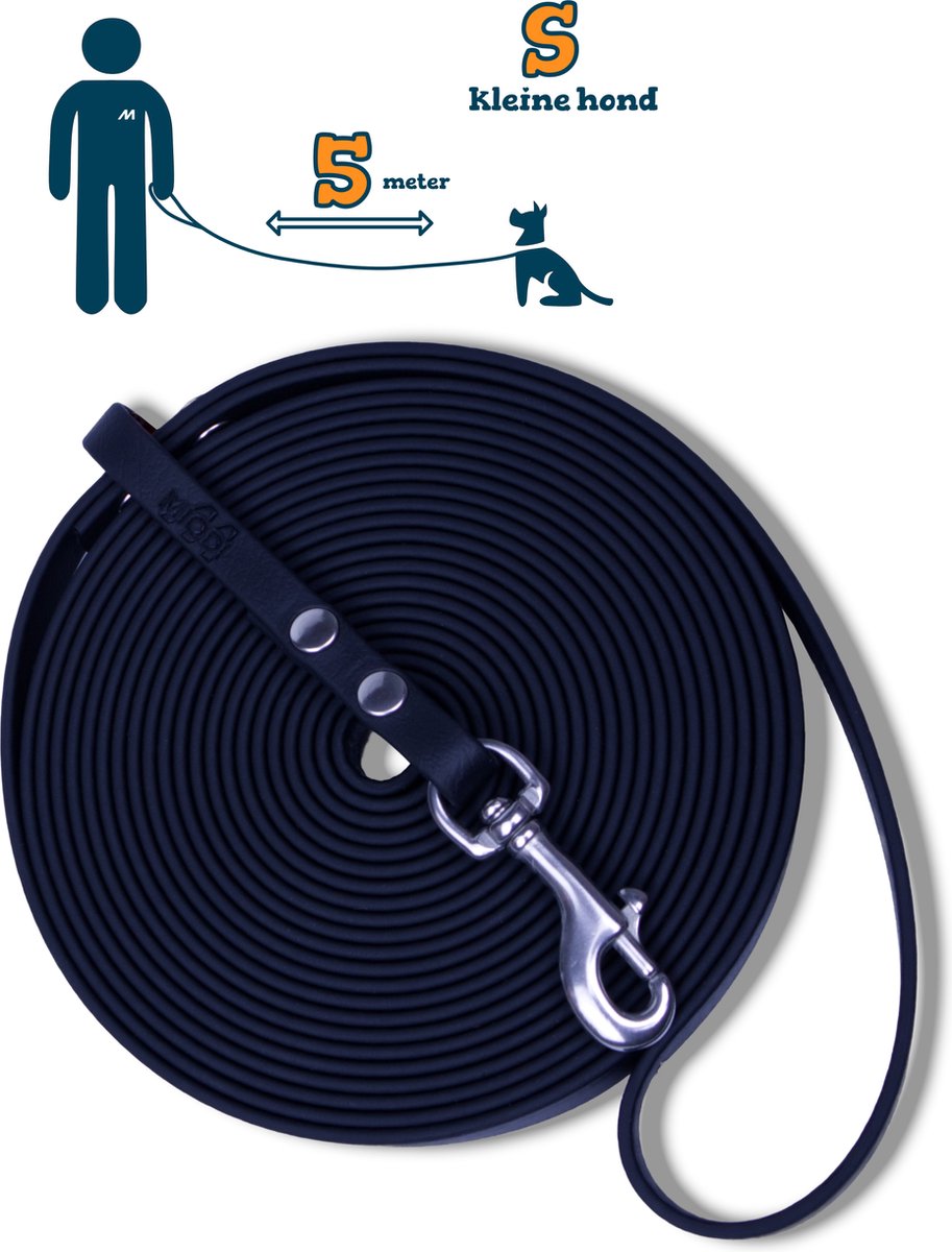 Miqdi lange lijn - BioThane – zwart - 5meter lang – 9mm breed – XS/S – kleine hond – lange hondenriem