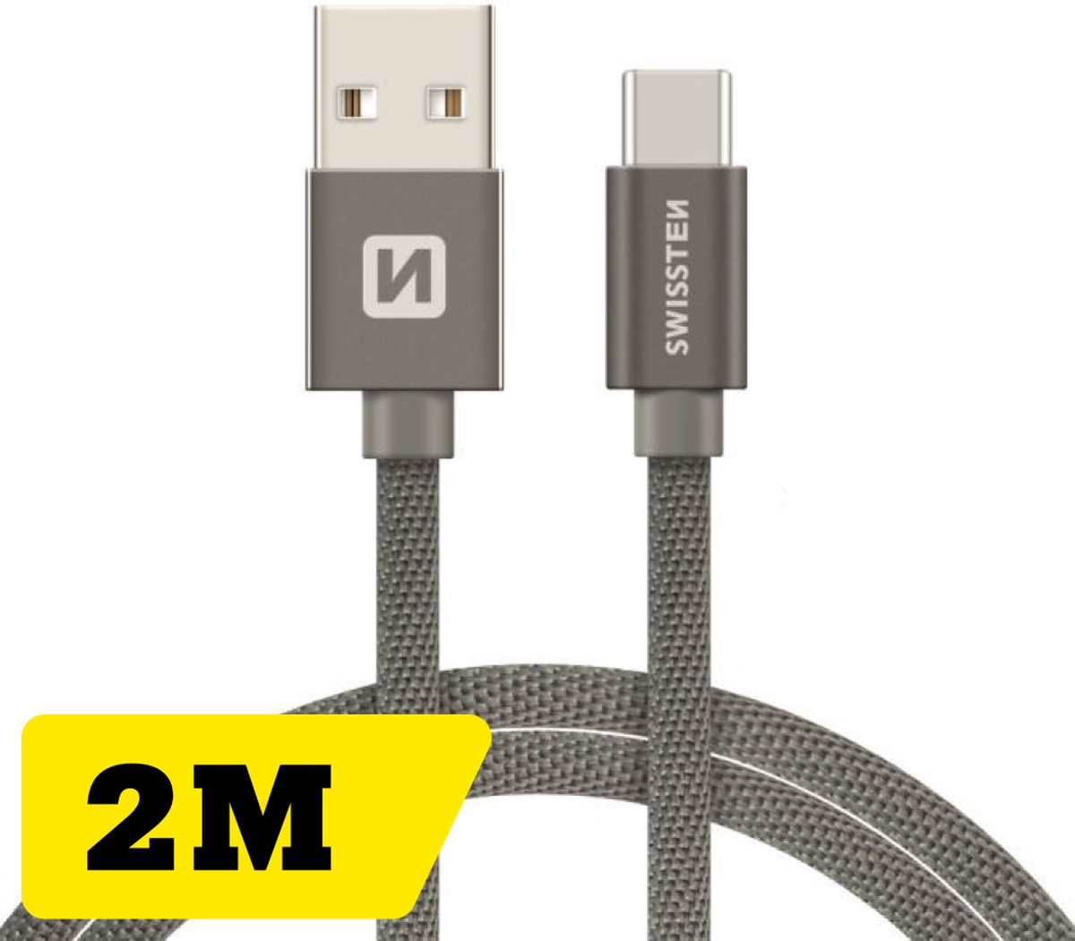 Swissten Gevlochten USB-C naar USB-A Kabel - 2M - Grijs