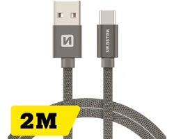 Swissten USB-C naar USB-A Oplaadkabel - Extra Lang 2M - Gevlochten - Snellaadkabel & Datakabel - Grijs