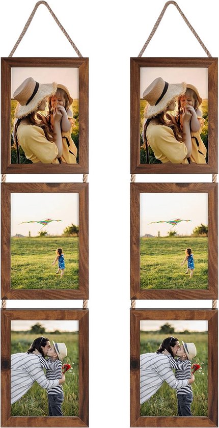 13 x 18 collage, drievoudig hangende fotolijstset, rustieke 6 open verticale lijsten, gemaakt om 13 x 18 cm foto-ansichtkaart voor wanddecoratie weer te geven, bruin