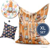 Zitzak set Maat XL (135x175cm) + GRATIS sierkussen (maat 40x40cm) - en behangcirkel! (100cm) - Zitzak kind - Kinderkamer accessoires - Kinderkamer - Bosdieren - Vos en Haas - Eekhoorn - Uil - Sierkussens