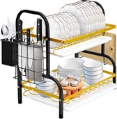 Dish Drainer 2-Tier Dish Drainer Stainless Steel Dish Dryer with Utensil Holder Drip Tray, Chopping Board Holder, Dish Drainer Rack, 43 x 23 x 40 cm, Black