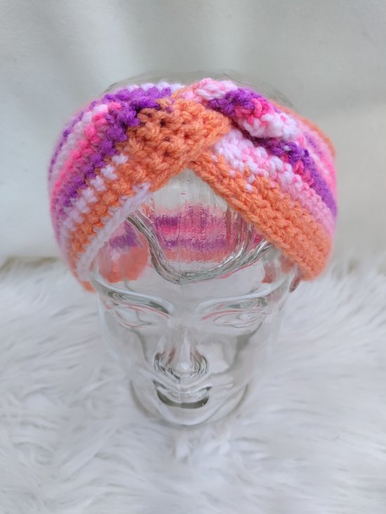 Handgemaakte haarband / hoofdband / oorwarmer in oranje, roze, paars, wit gehaakt