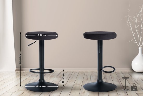 CLP Ponte Set de 2 tabourets de bar - Ajustables - Velours - Velours - Métal noir mat noir