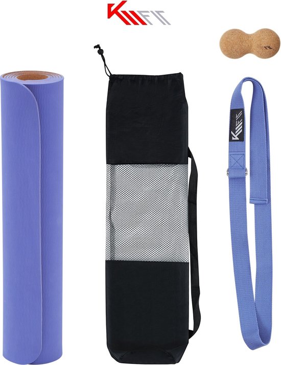 KM-Fit Yoga mat - Fitness mat - Sport mat - extra dik - anti slip - gemaakt van natuurrubber, TPE en katoen - Incl. yogariem & fascia duoball - Paars van KM-Fit — afbeelding 3