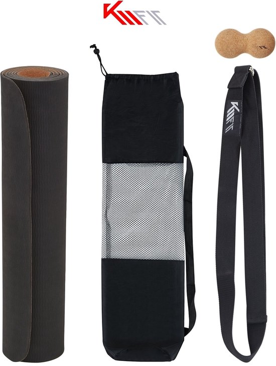 KM-Fit Yoga mat - Fitness mat - Sport mat - extra dik - anti slip - gemaakt van natuurrubber, TPE en katoen - Incl. yogariem & fascia duoball - Zwart van KM-Fit — afbeelding 3
