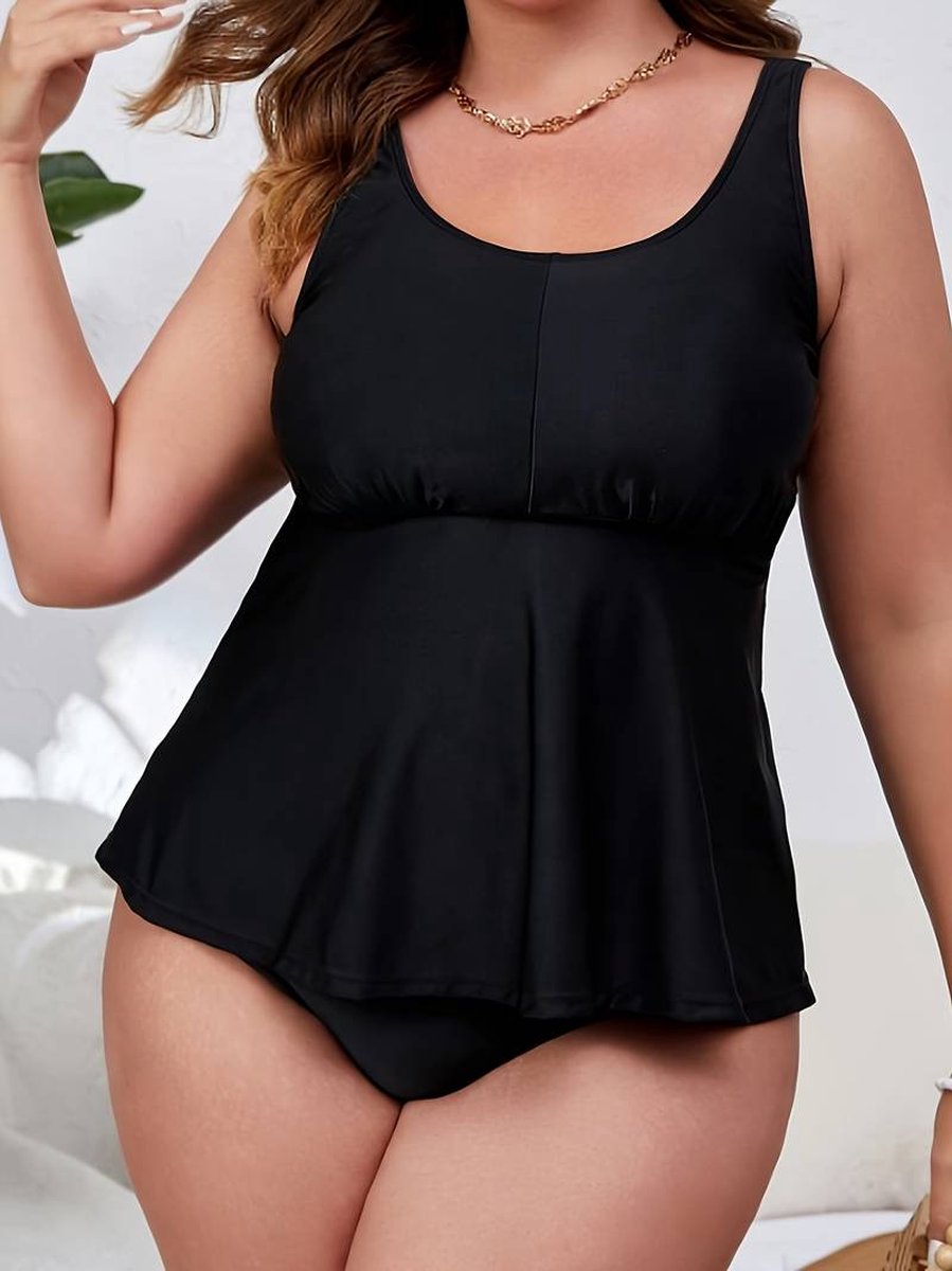 Tankini Set - Groten maten Dames Effen Pelum Ronde Hals 2 - delige Tankini Set - Badpak Zwemkleding Bikini Badkleding Badmode Strandkleding 894 - Zwart — afbeelding 2